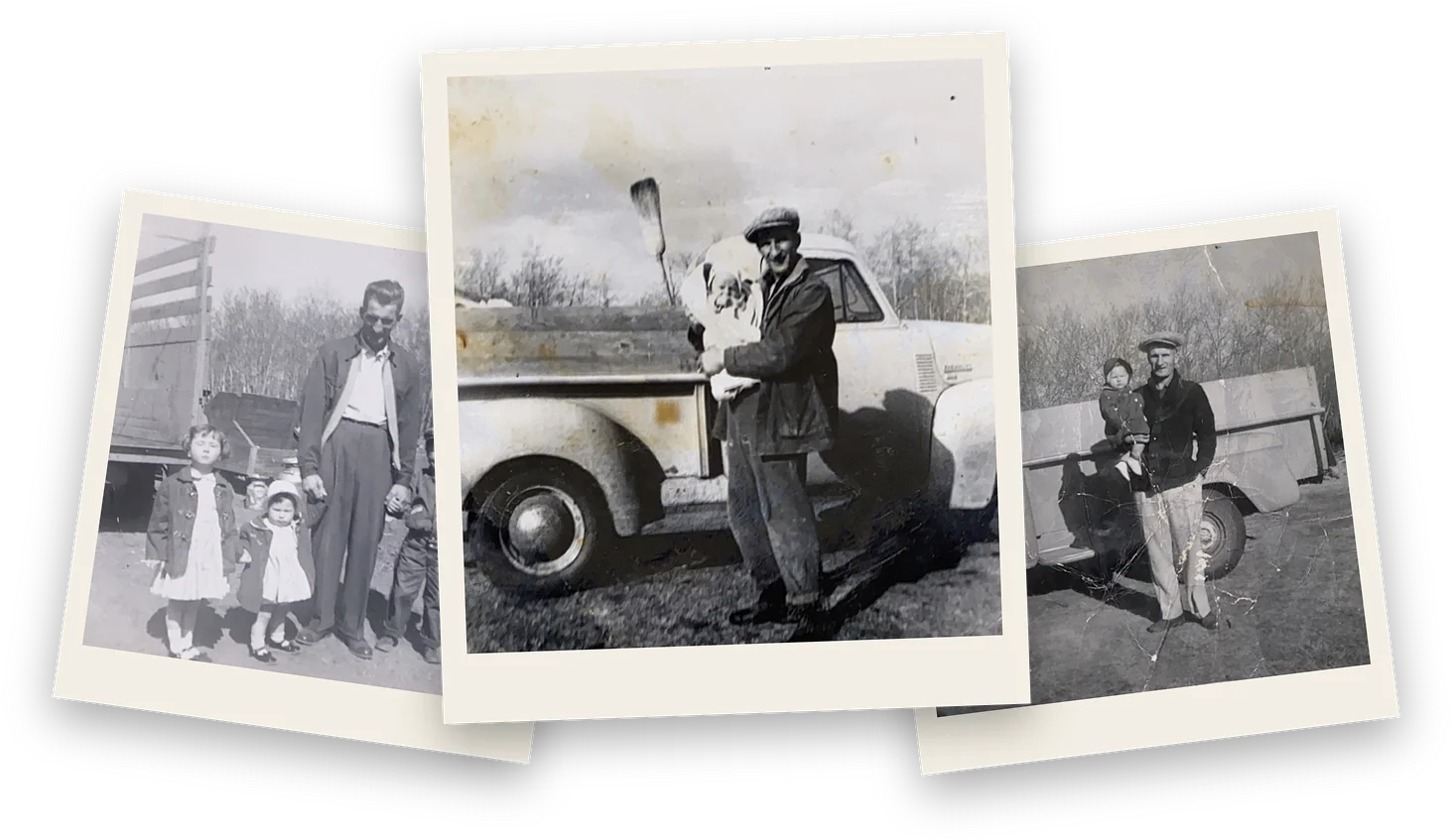 Three old black and white family photographs: a man holding a baby beside a farm truck, a father with three young children, and a man holding a toddler by a pickup