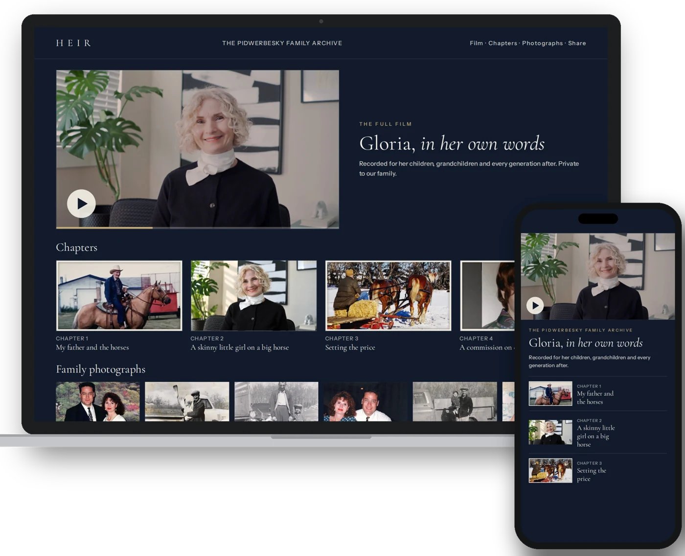 Example of a private family website on a laptop and phone: Gloria's film, chapters and family photographs