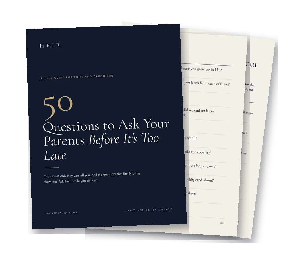 The 50 Questions guide: a deep navy cover with two printed question pages fanned behind it